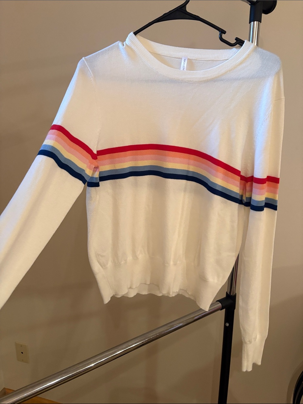 Spiritual Gangster White Crewneck Sweater with Rainbow Stripe Band